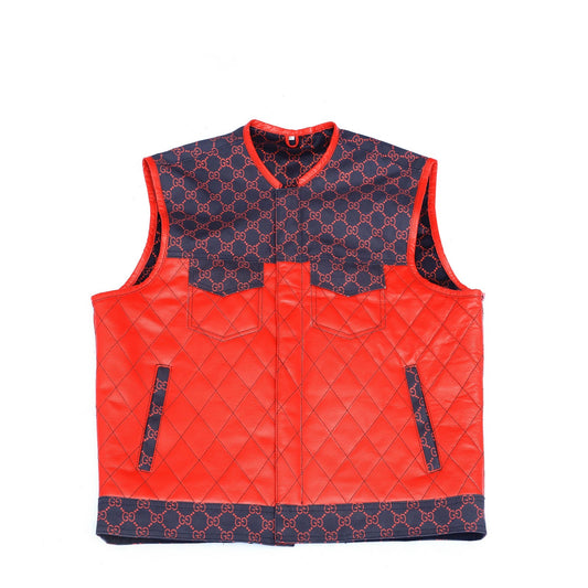 Gucci printed Canvas with Red Leather Diamond Stitching Leather Vest
