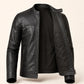 Men's Matte Black Genuine Leather Snap-Collar Biker Jacket