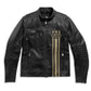 WW Harley Davidson Mens Black Leather Cafe Racer Jacket Vintage Motorcycle Jacket with Gold Stripes and Quilted Accents