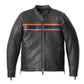 WW Mens Black Leather Harley Davidson Motorcycle Jacket with Orange and Grey Racing Stripe Vintage Biker Jacket