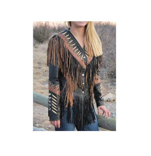 Women Native American Western Cowboy Real Leather Jacket Contrast Fringe