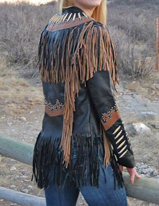 Women Native American Western Cowboy Real Leather Jacket Contrast Fringe