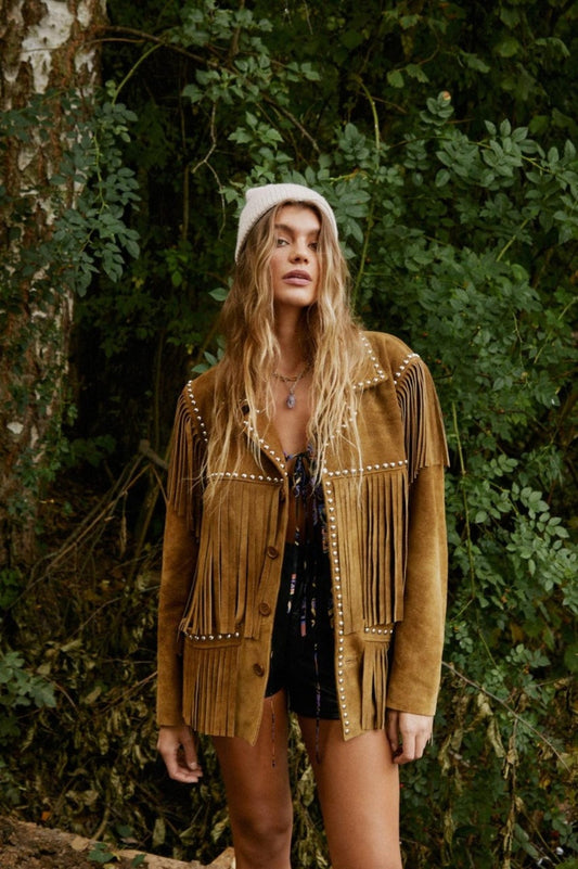 Women Suede Leather Western Style Jacket With Fringe - Brown Suede