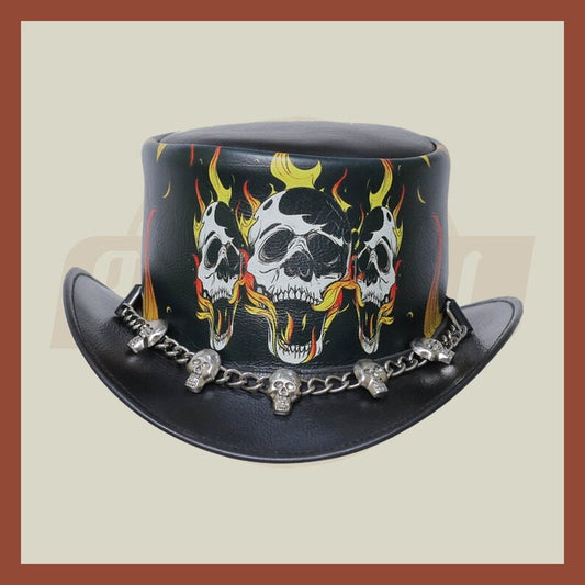 Burning Skull In Hell Leather Skull Chain Band Motorcycle Rider Hat