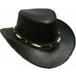 Black Leather Cowboy Hat, Australian Outback Hat With Wide Brim And Beaded Band. make one description for one title
