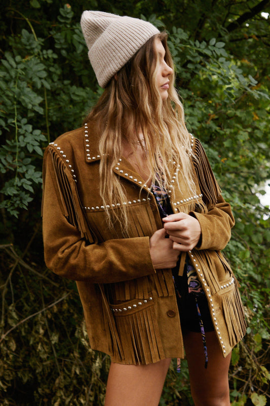 Women Suede Leather Western Style Jacket With Fringe - Brown Suede