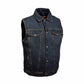 LEATHER MEN'S BLUE SNAP FRONT DENIM VEST WITH SHIRT COLLAR