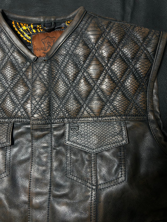 WW Vintage Distressed Leather Biker Vest with Quilted Snakeskin Accent Yoke