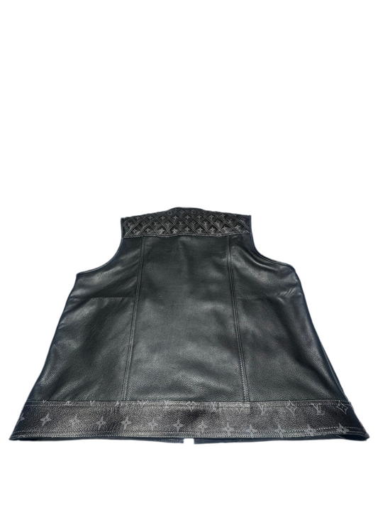 Black Leather Vest with Grey LV Pattern- Premium Quality