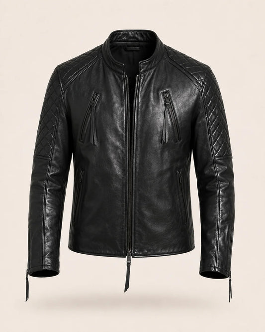 Men's Black Real Leather Biker Jacket - Diamond Quilted Shoulder Cafe Racer Leather Jacket