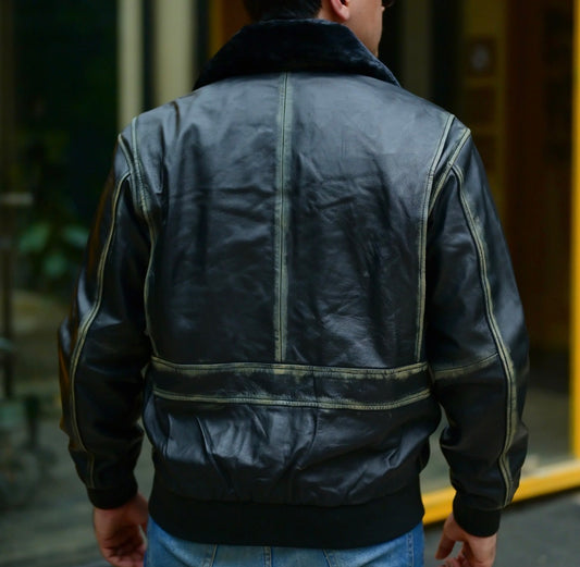 Men’s Vintage Distressed Sheepskin Leather Bomber Jacket wih Shearling Collar