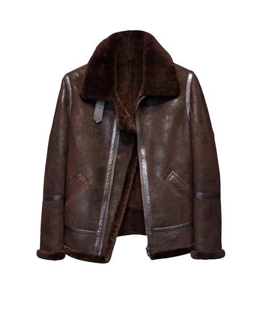 Men's Distressed Dark Brown Shearling Leather Jacket - B3 RAF Aviator Bomber Winter Jacket
