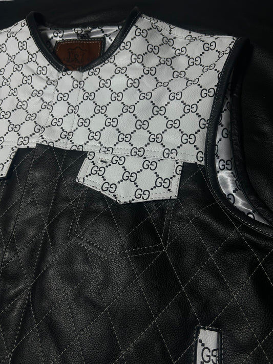 Custom White & Black Gucci-Inspired All-Leather Motorcycle Vest | Premium Biker Vest