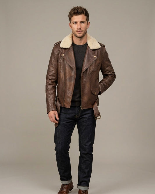 Men’s Vintage Brown Leather Biker Jacket with Cream Shearling Collar & Belt Detail/ Leather Aviator / Moto Jacket