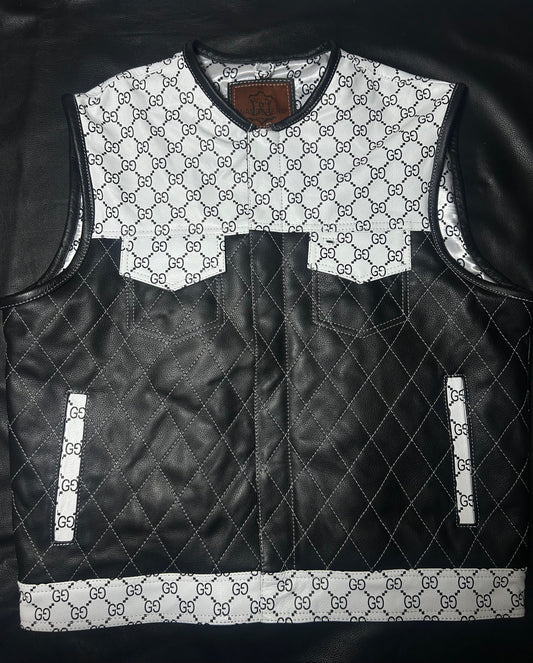 Custom White & Black Gucci-Inspired All-Leather Motorcycle Vest | Premium Biker Vest