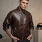 Men’s Genuine Brown Sheepskin Leather Bomber Jacket – Studded Collar & Pockets