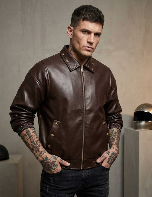 Men’s Genuine Brown Sheepskin Leather Bomber Jacket – Studded Collar & Pockets