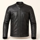Men's Matte Black Genuine Leather Snap-Collar Biker Jacket