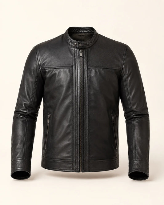 Men's Matte Black Genuine Leather Snap-Collar Biker Jacket