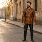 Men's Cognac Brown Belted Genuine Leather Motorcycle Jacket