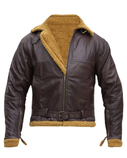 Men's Brown B3 Bomber Jacket - Real Shearling Fur Shearling Flight Aviator Winter Jacket