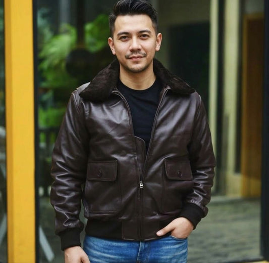 Men’s Genuine Brown Sheepskin Leather Aviator Flight Jacket with Shearling Collar