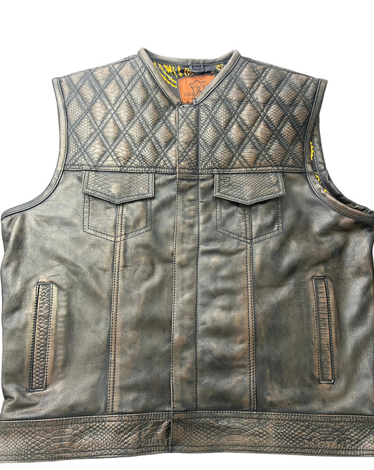 WW Vintage Distressed Leather Biker Vest with Quilted Snakeskin Accent Yoke