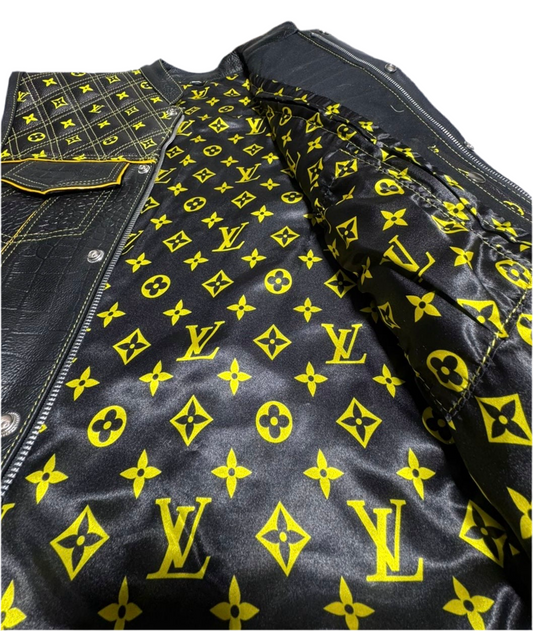 Luxury LV Quilted Biker Vest with Genuine Crocodile Leather Trim – Premium Motorcycle Jacket