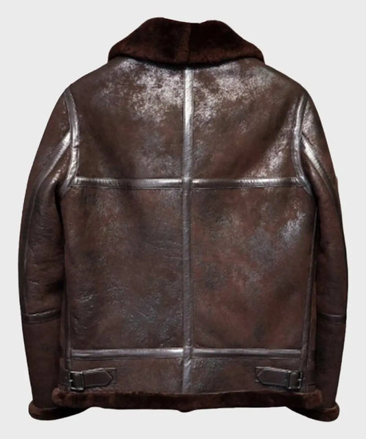 Men's Distressed Dark Brown Shearling Leather Jacket - B3 RAF Aviator Bomber Winter Jacket