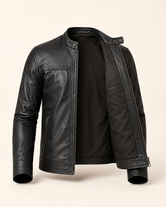 Men's Matte Black Genuine Leather Snap-Collar Biker Jacket