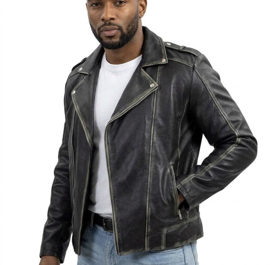 Men's Vintage Distressed Black Leather Biker Jacket