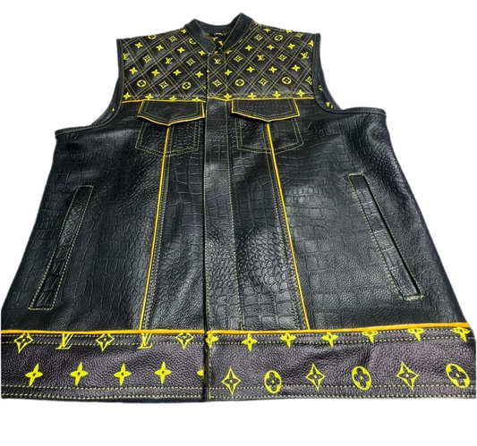 Luxury LV Quilted Biker Vest with Genuine Crocodile Leather Trim – Premium Motorcycle Jacket
