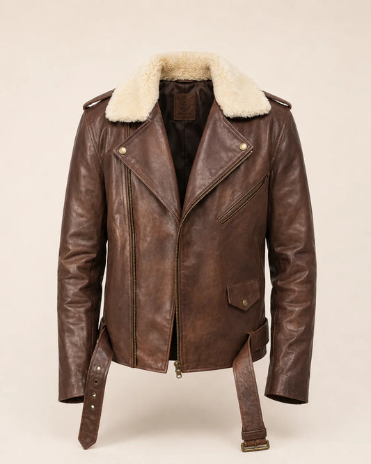 Men’s Vintage Brown Leather Biker Jacket with Cream Shearling Collar & Belt Detail/ Leather Aviator / Moto Jacket