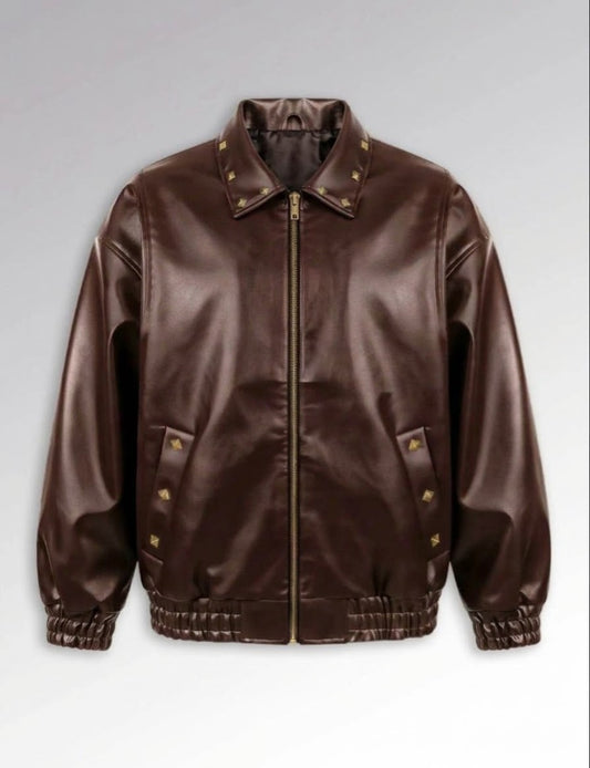 Men’s Genuine Brown Sheepskin Leather Bomber Jacket – Studded Collar & Pockets