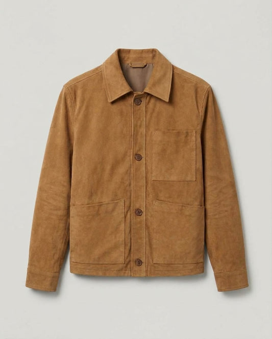 Men’s Tan Suede Leather Chore Jacket | Genuine Sheepskin Suede Field Coat with Patch Pockets