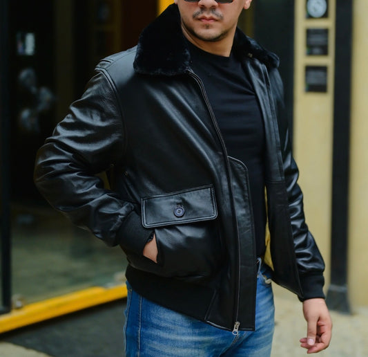 Men's Black Genuine Sheepskin Leather Bomber Jacket with Shearling Collar & Dual Flap Pockets