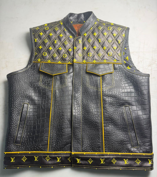 Luxury LV Quilted Biker Vest with Genuine Crocodile Leather Trim – Premium Motorcycle Jacket