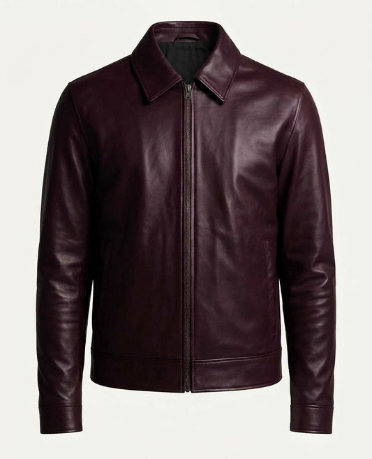 Men’s Premium Maroon Leather Jacket – Classic Zip-Front Shirt Collar Bomber