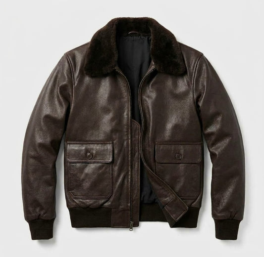 Men’s Genuine Brown Sheepskin Leather Aviator Flight Jacket with Shearling Collar