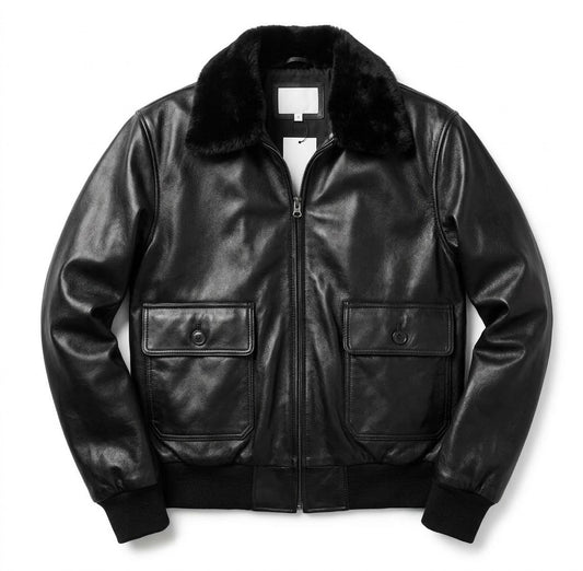 Men's Black Genuine Sheepskin Leather Bomber Jacket with Shearling Collar & Dual Flap Pockets