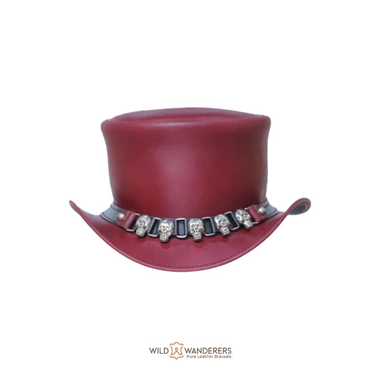 Handmade Maroon Leather Crimson Skull Biker Top Hat