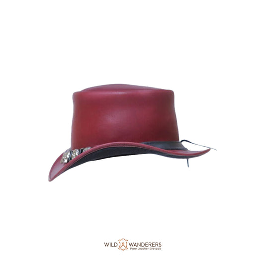 Handmade Maroon Leather Crimson Skull Biker Top Hat