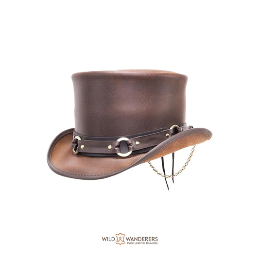 Handmade Biker Brown Leather Top Hat