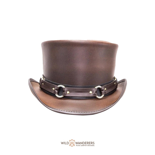 Handmade Biker Brown Leather Top Hat