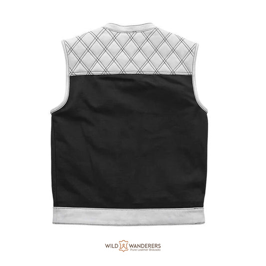 Hunt Club Biker White Leather Canvas Vest - Black