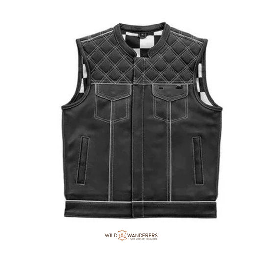 White Checker Club Style Motorcycle Leather Vest