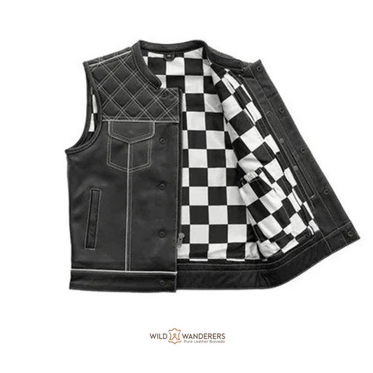 White Checker Club Style Motorcycle Leather Vest