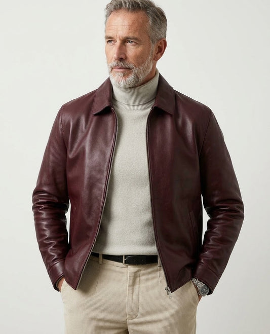 Men’s Premium Maroon Leather Jacket – Classic Zip-Front Shirt Collar Bomber