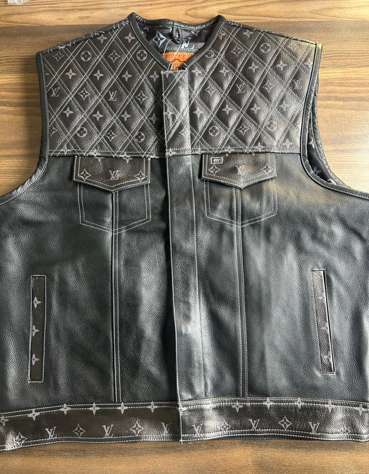 Black Leather Vest with Grey LV Pattern- Premium Quality