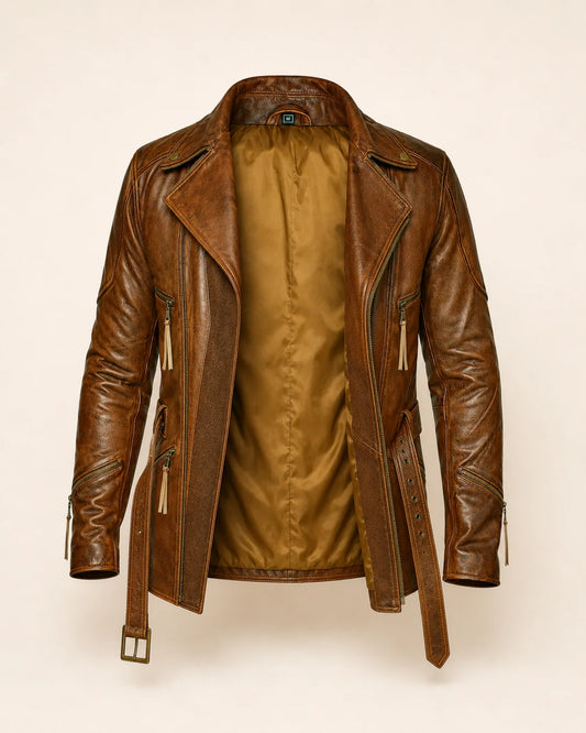 Men's Cognac Brown Belted Genuine Leather Motorcycle Jacket